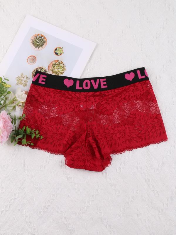 Women's Solid Floral Lace Letter Tape Sheer Boxer Briefs, Soft Comfy Breathable Adaptive Panties for Daily Wear, Underwear for All Seasons
